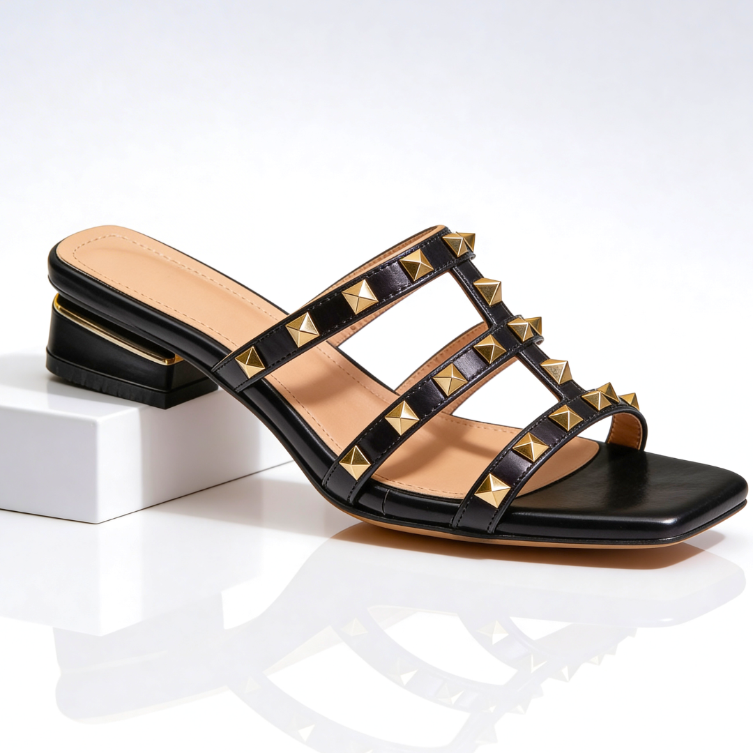 Sandales Femme Cloutées Talon Bloc Bout Carré Style Élégant Moderne