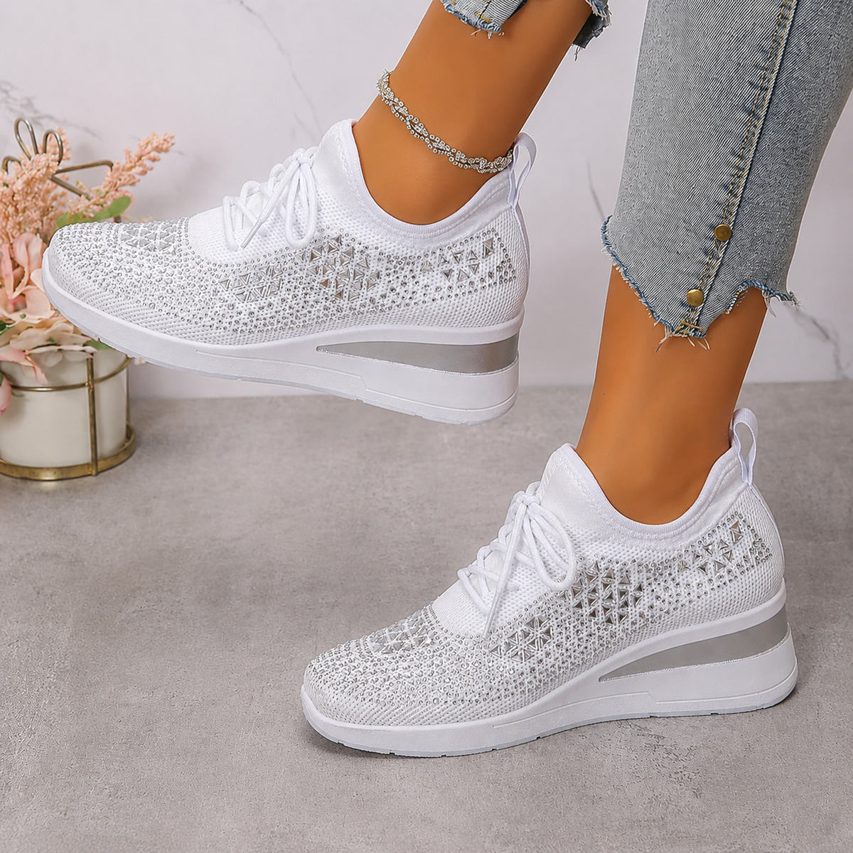 Avelin Lyon | Baskets femme à semelle compensée et strass