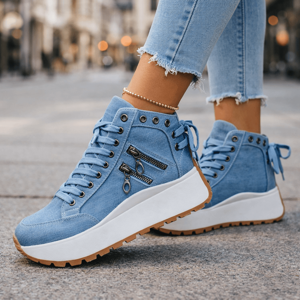 Baskets Femme Plateforme Denim avec Détails Zippés