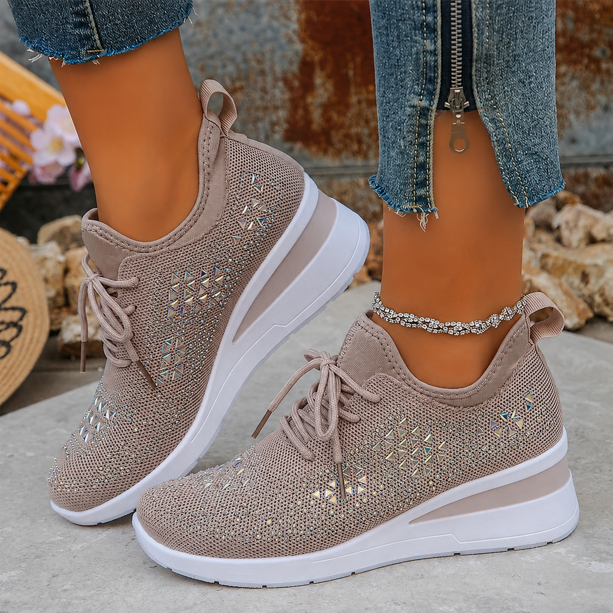 Avelin Lyon | Baskets femme à semelle compensée et strass