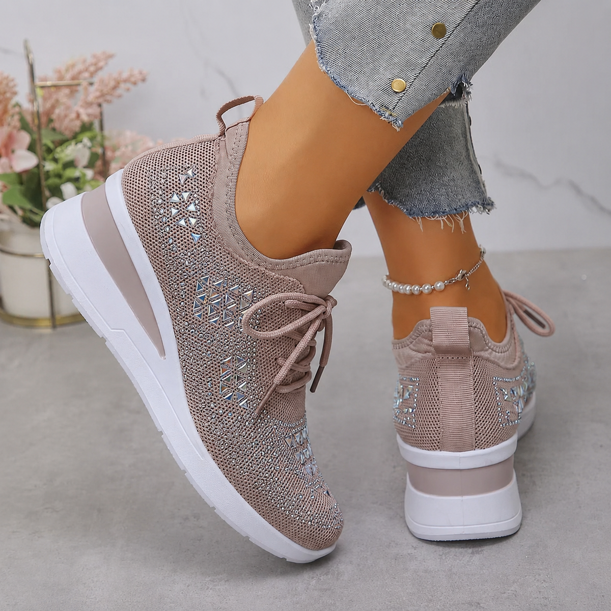 Avelin Lyon | Baskets femme à semelle compensée et strass