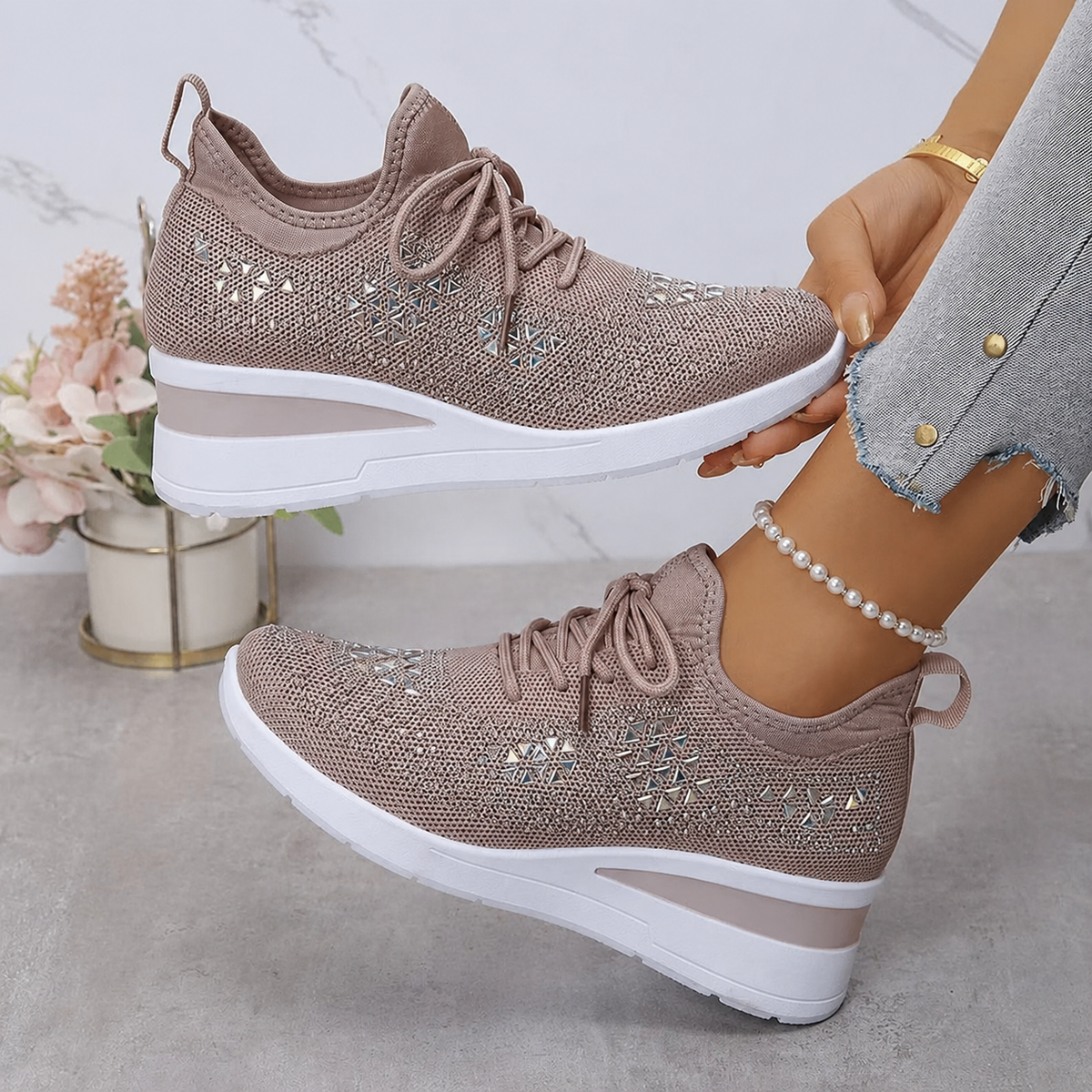 Avelin Lyon | Baskets femme à semelle compensée et strass
