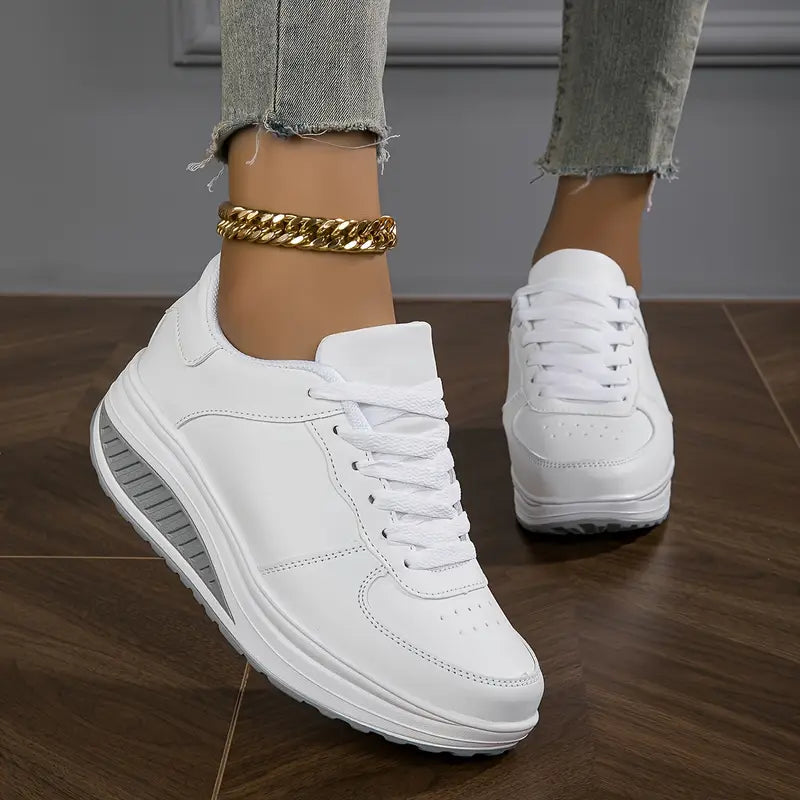 Baskets Femme Semelle Compensée Cuir Synthétique Lacets Minimalistes