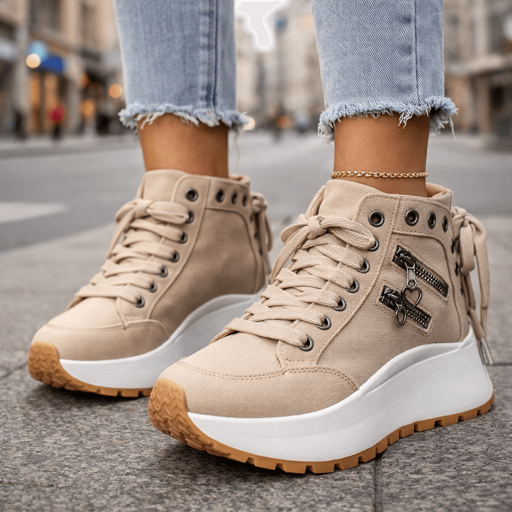 Baskets Femme Plateforme Denim avec Détails Zippés
