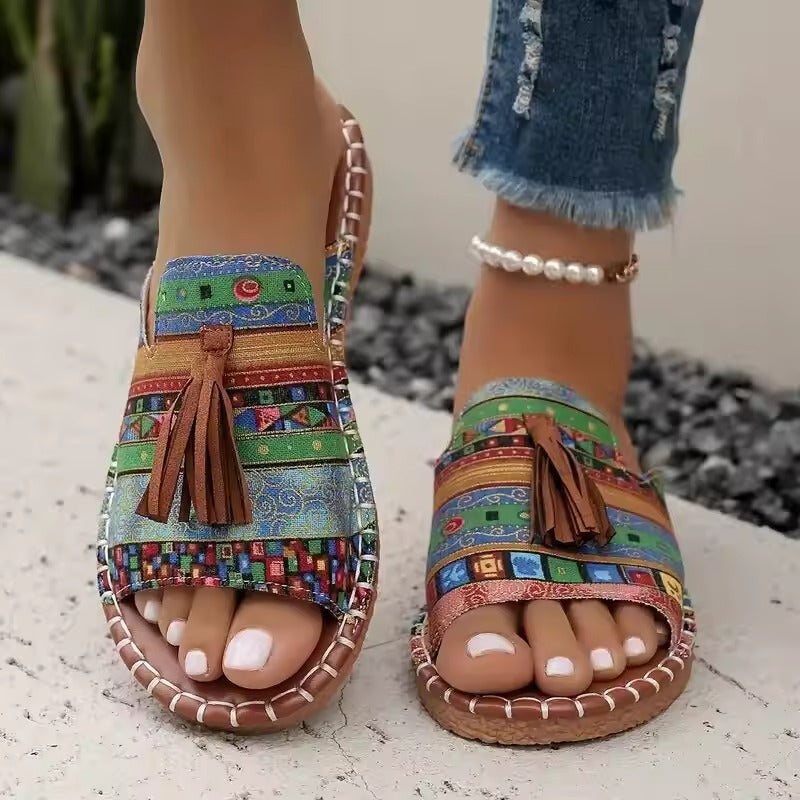 Sandales Femme Ethniques Franges Cuir Semelle Confort Boho
