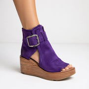 Sandales Compensées Femme Daim Bout Ouvert Boucle Métal Semelle Bois