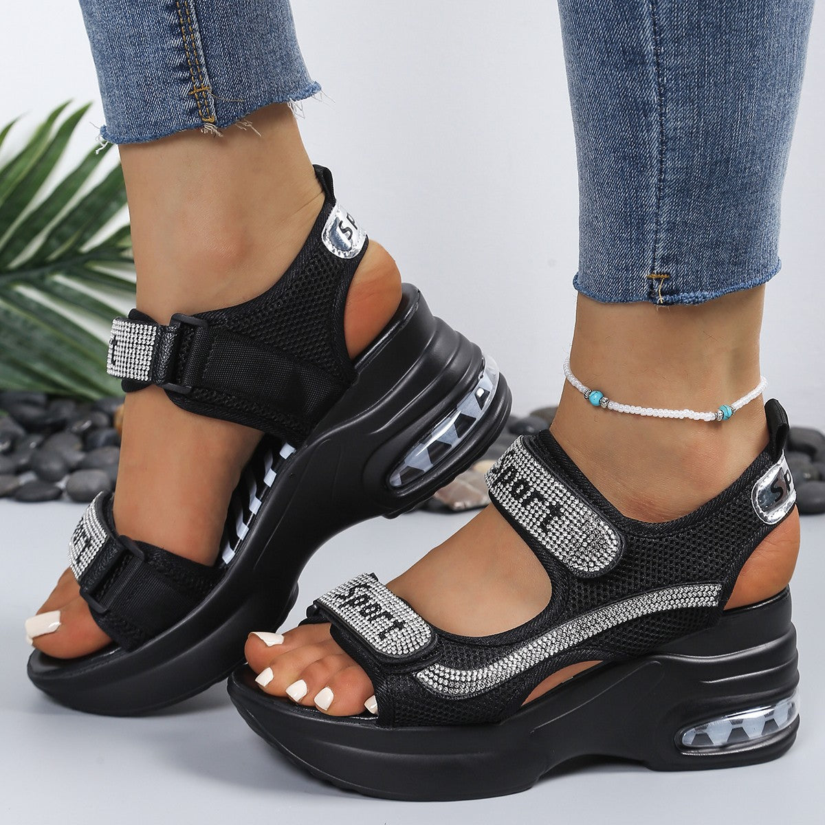 Sandales Femme Plateforme Strass Velcro Semelle Coussin Air Sportives