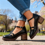 Mocassins T-Strap Rétro – Talon Bloc avec Boucle de Cheville Ajustable